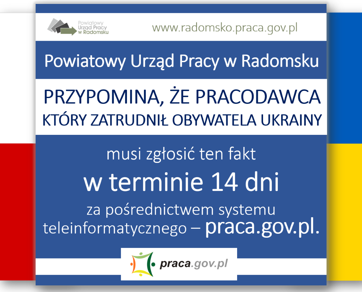 Obowiązkiem pracodawcy jest zgłoszenie faktu zatrudnienia obywatela Ukrainy w ciągu 14 dni przez portal praca.gov.pl