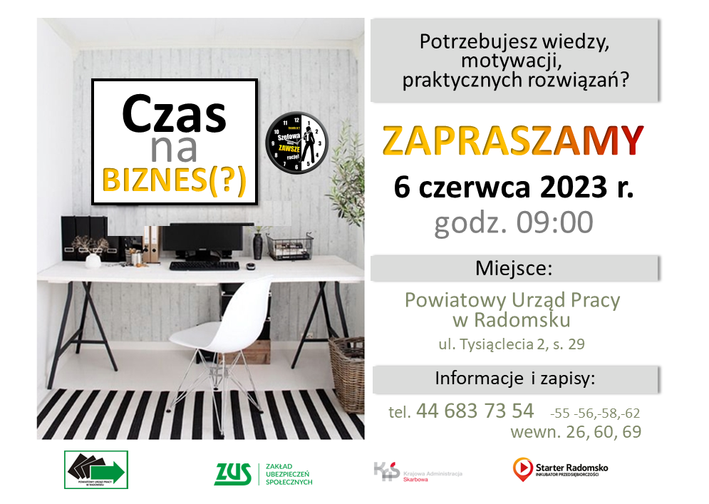 Spotkanie informacyjne dla osób zainteresowanych własną działalnością gospodarczą w dniu 06.06.2023 r. o godzinie 9.00 w PUP w Radomsku